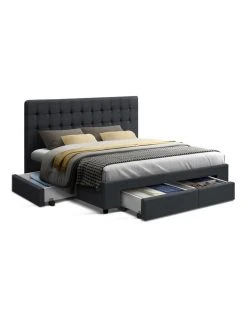 Best Sale ⭐ Artiss Queen Size Fabric Bed Frame Headboard with Drawers - Charcoal 😍