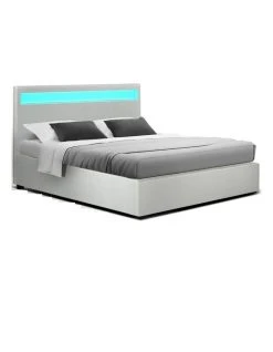 Coupon 🧨 Artiss LED Bed Frame Double Full Size Gas Lift Base With Storage White Leather 👍