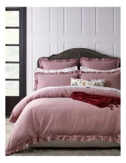 Budget 🎉 Heritage Brielle Ruffled Edge Linen Cotton Quilt Cover Set Mauve ⌛